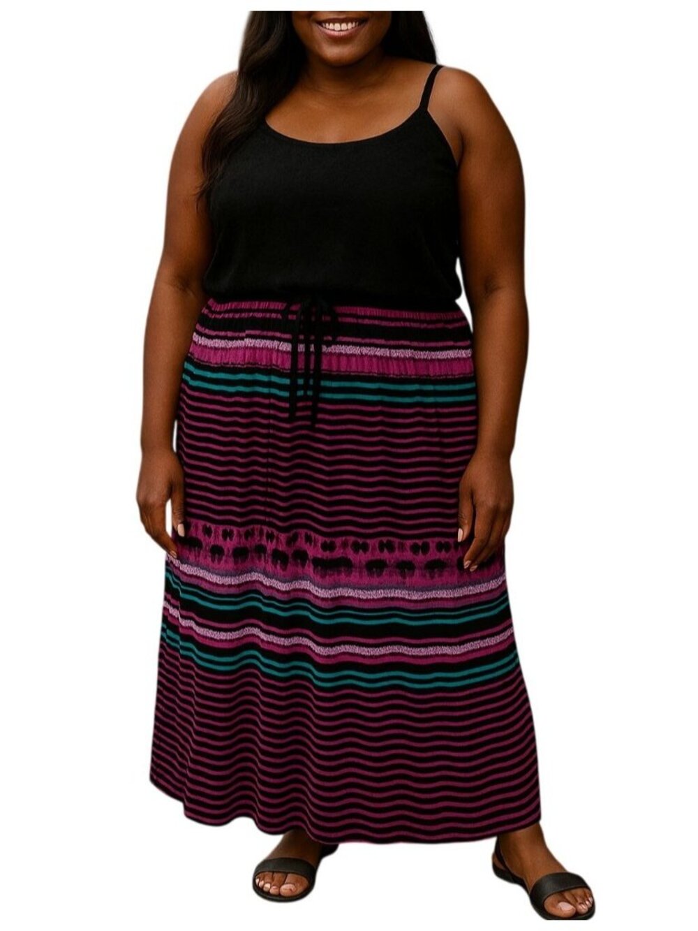 Faded Glory Plus Size XL 16-18 Maxi Dress Black Lace Top Multicolor Stripe Skirt